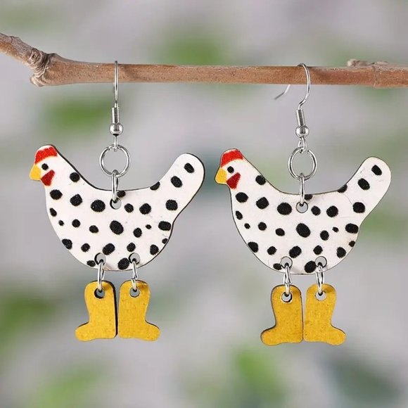 Chicken Earrings Jewelry - Chicken Earrings with Boots Wood Dangle Hen Whimsical Ornament Farm Country NEW